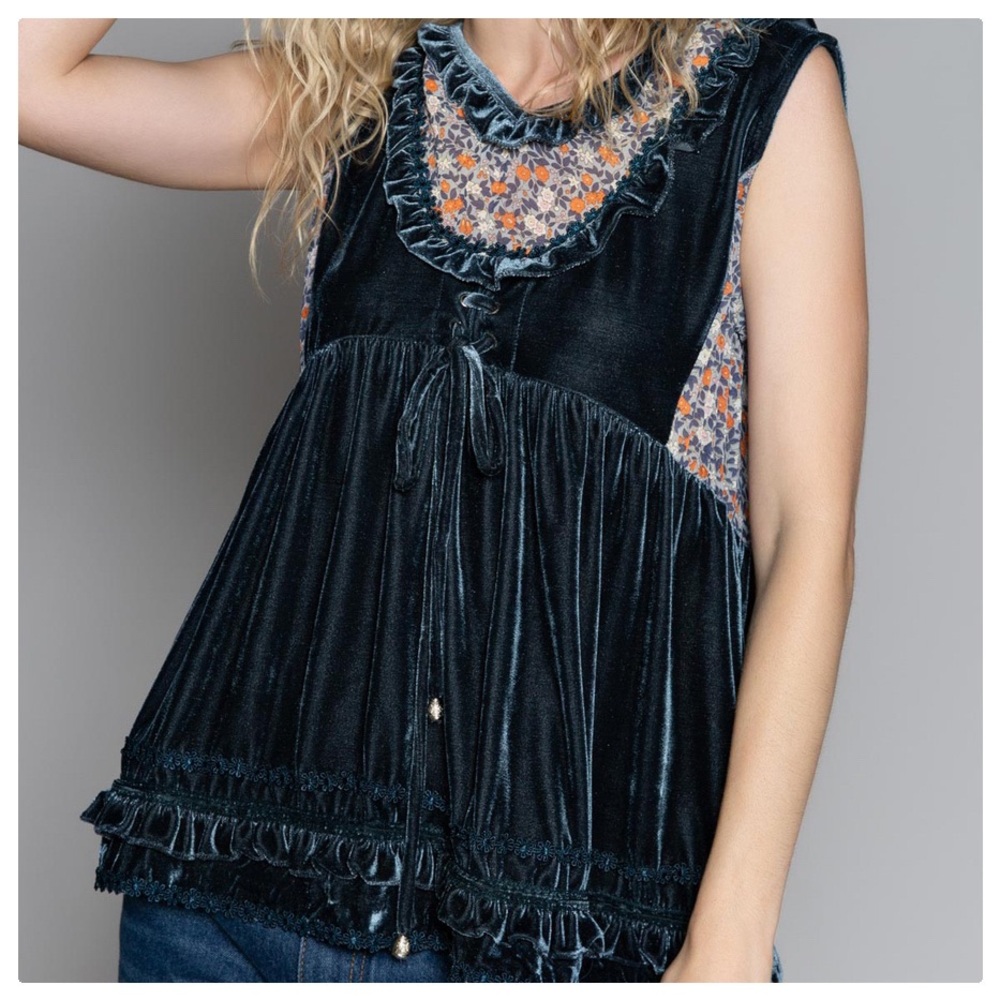 POL Midnight Blue Velvet Babydoll Top - Picture 6 of 11